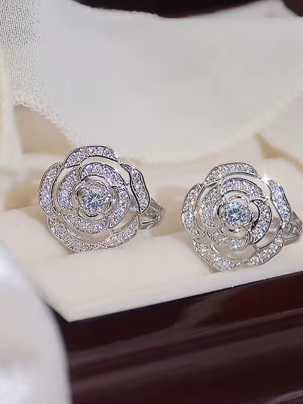 White Rhodium Swarovski Crystal Camellia Clip Earrings